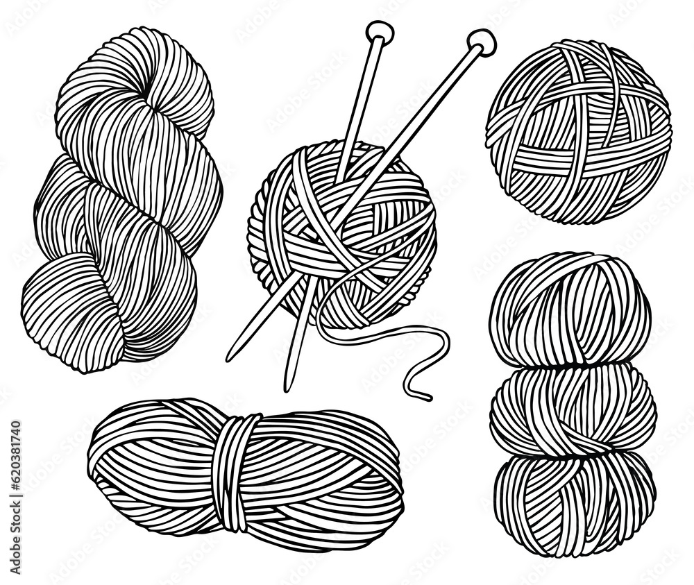  linear drawing on the theme of knitting. ball of wool, skein, knitting needles. doodle