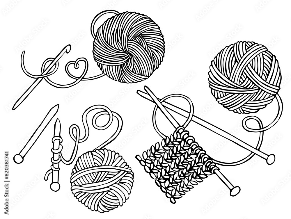  linear drawing on the theme of knitting. ball of wool, skein, knitting needles. doodle