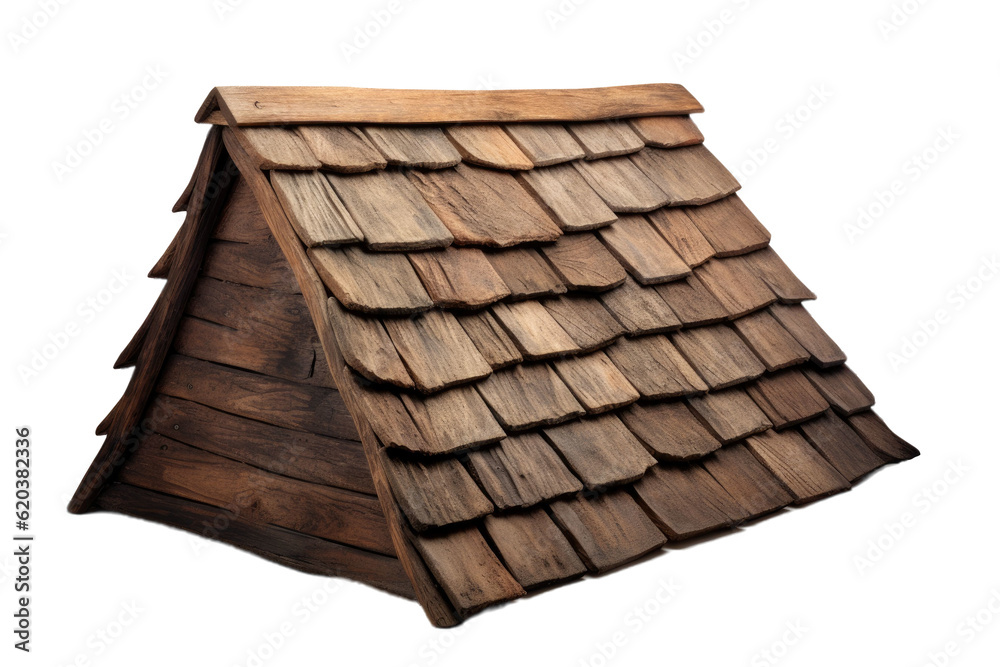 A model or representation of an aged wooden roof tile design is shown in isolation on a transparent 