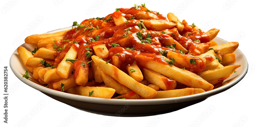 Disordered French fries in tasty tomato sauce.