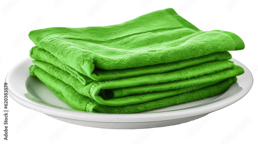 An isolated green kitchen towel used for decorating food. A crumpled dish cloth made of fabric used 