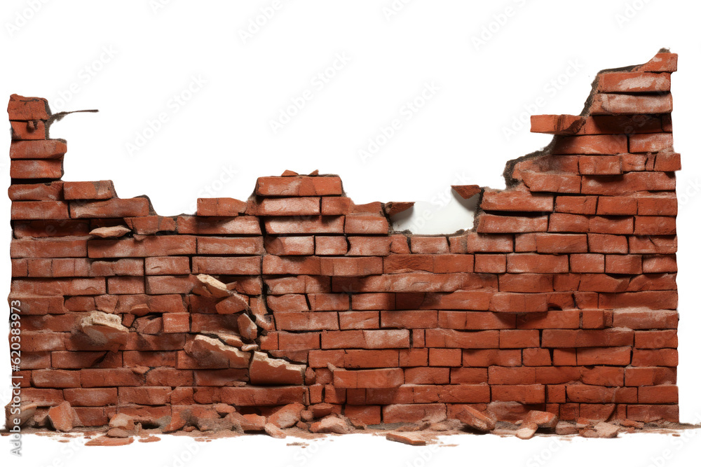 Cracked aged red bricks separated on a transparent background, seen from the side.