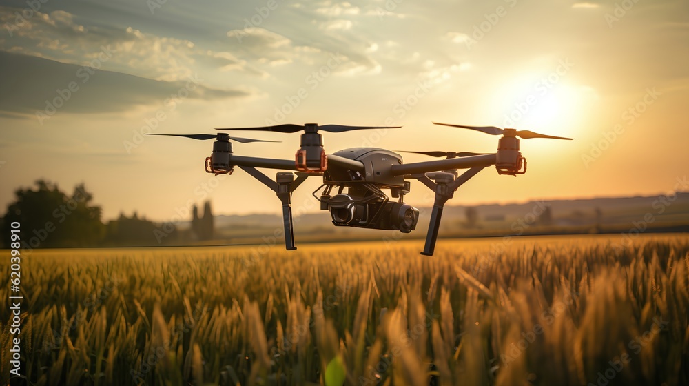 An advanced agricultural drone flies gracefully over a sprawling farm field, capturing imagery to en