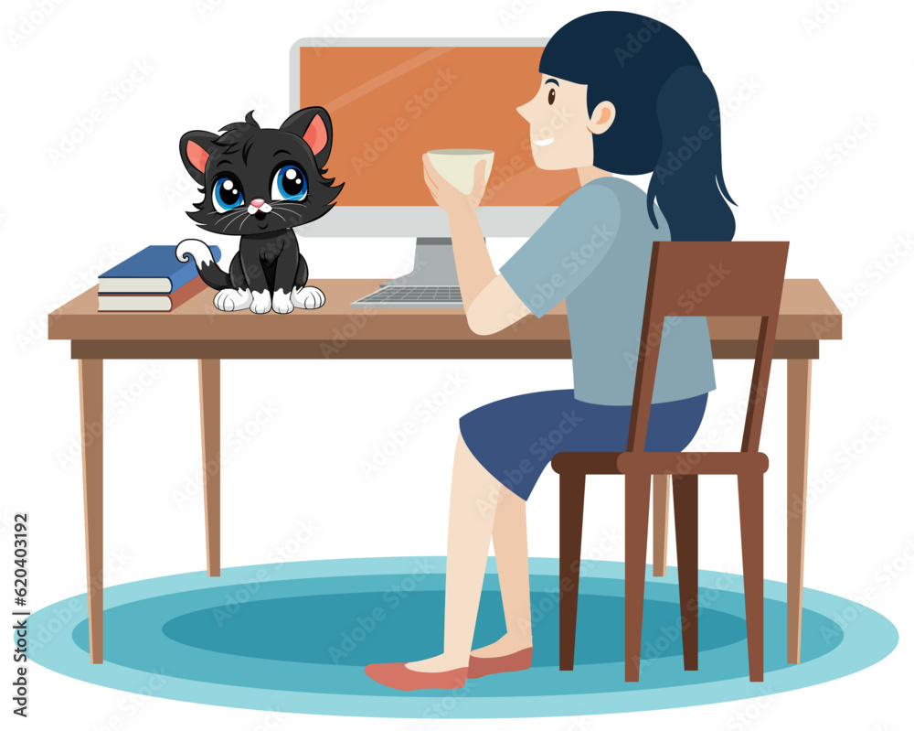 Woman working at the table with a cat