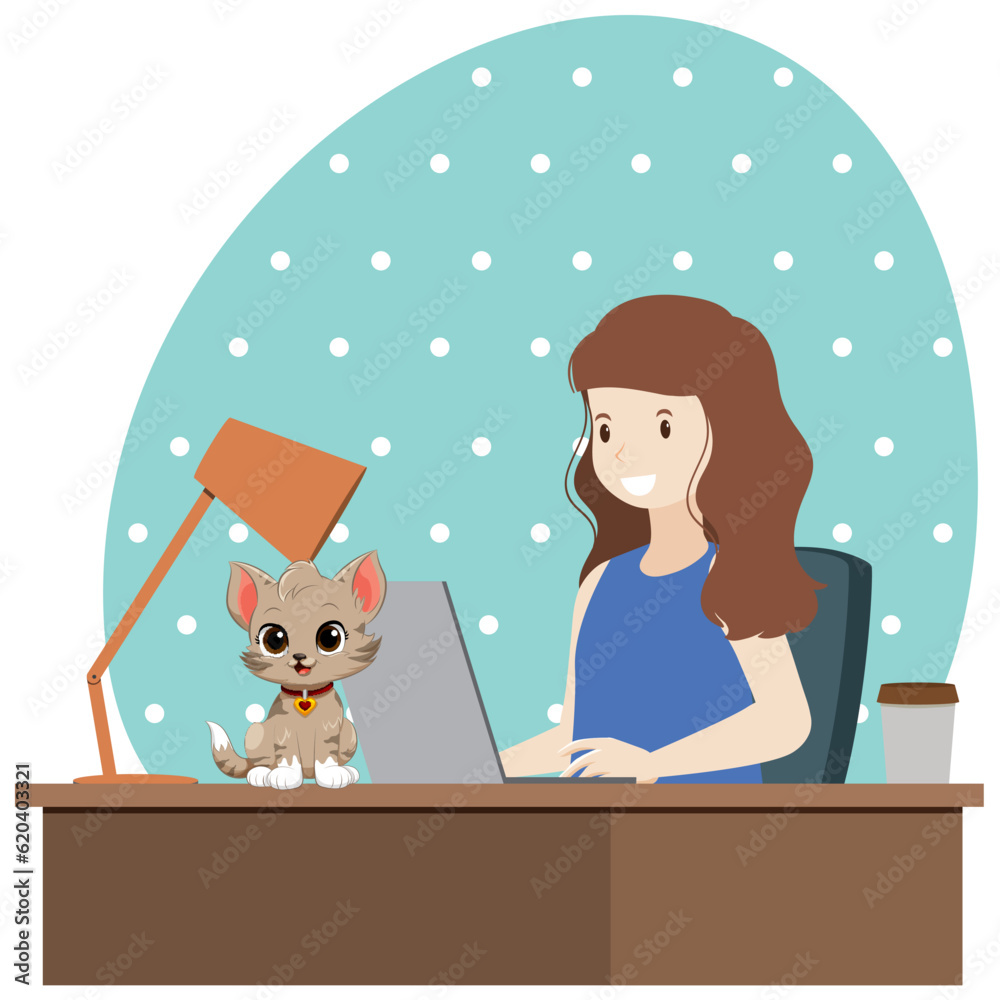 Woman working at the table with a cat