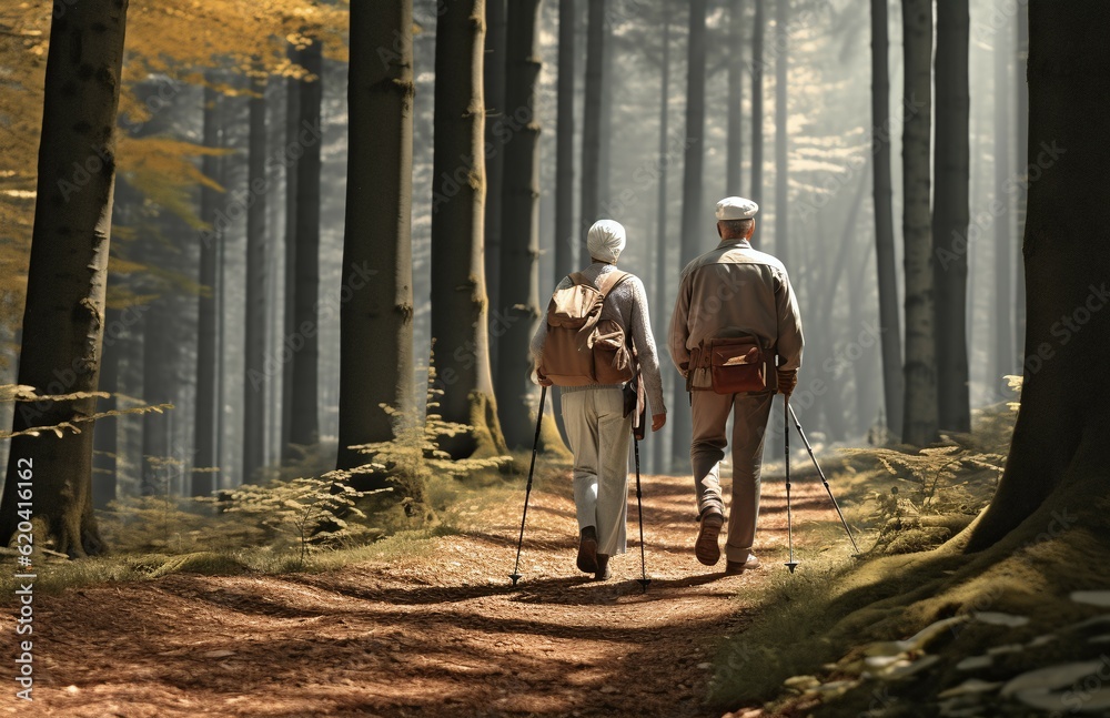 elderly couple hiking in the woods