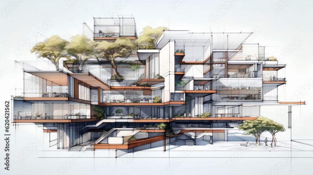 An intricate drawing depicts a sustainable project, showcasing eco-friendly design principles and in