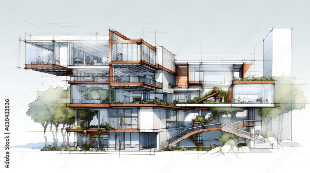 An intricate drawing depicts a sustainable project, showcasing eco-friendly design principles and in