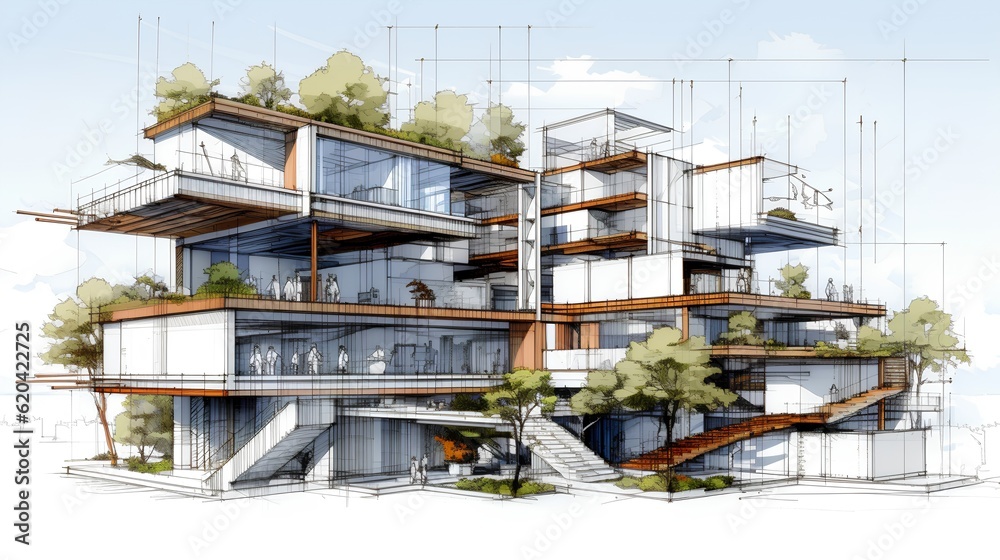 An intricate drawing depicts a sustainable project, showcasing eco-friendly design principles and in