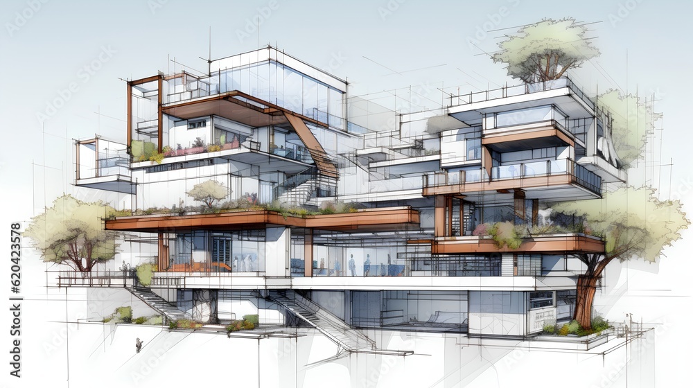 An intricate drawing depicts a sustainable project, showcasing eco-friendly design principles and in