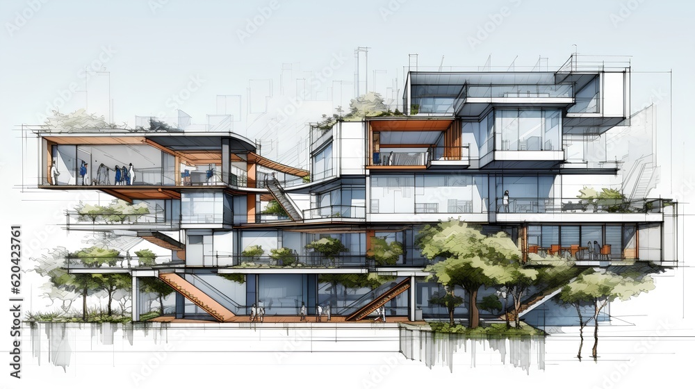 An intricate drawing depicts a sustainable project, showcasing eco-friendly design principles and in