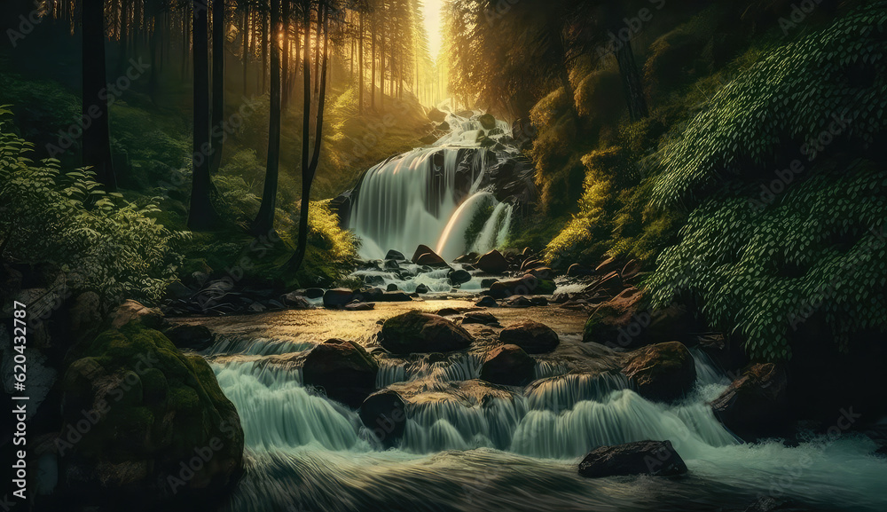 beautiful deep forest waterfall with sunset (ai generated)