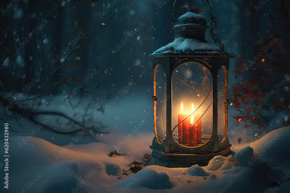 Christmas Lantern On Snow With Fir Branch In Evening Scene (ai generated)