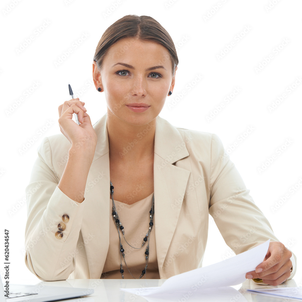 Professional portrait, documents and business woman review financial contract, legal paperwork or at