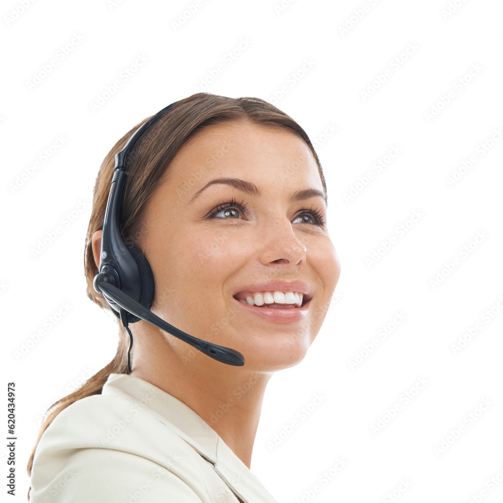 Woman, headset and mic, call center and contact us with smile, telecom and communication on transpar