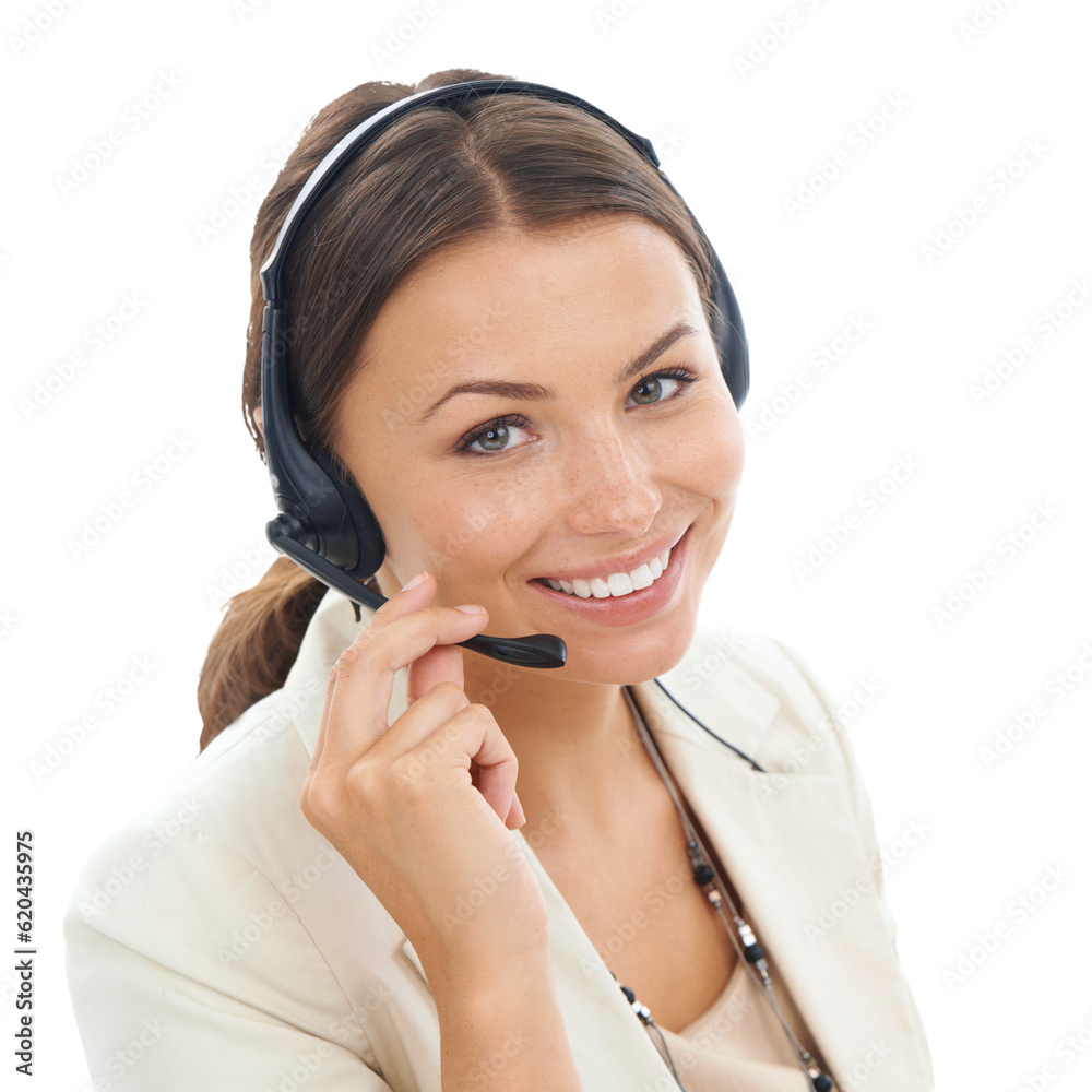 Woman, face and headset, call center and contact us with smile, telecom and communication on transpa