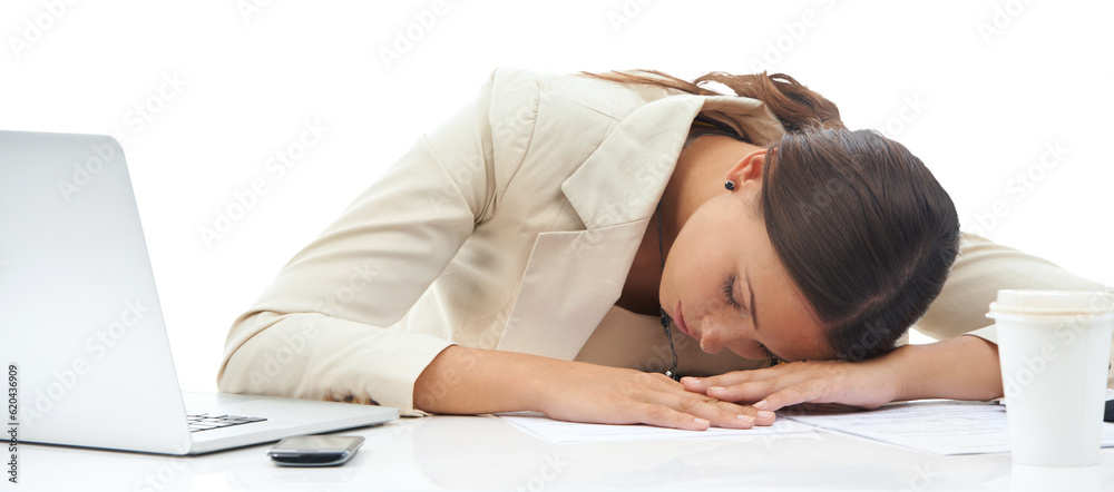 Tired, business and woman sleeping at desk with burnout, stress problem and low energy isolated on t