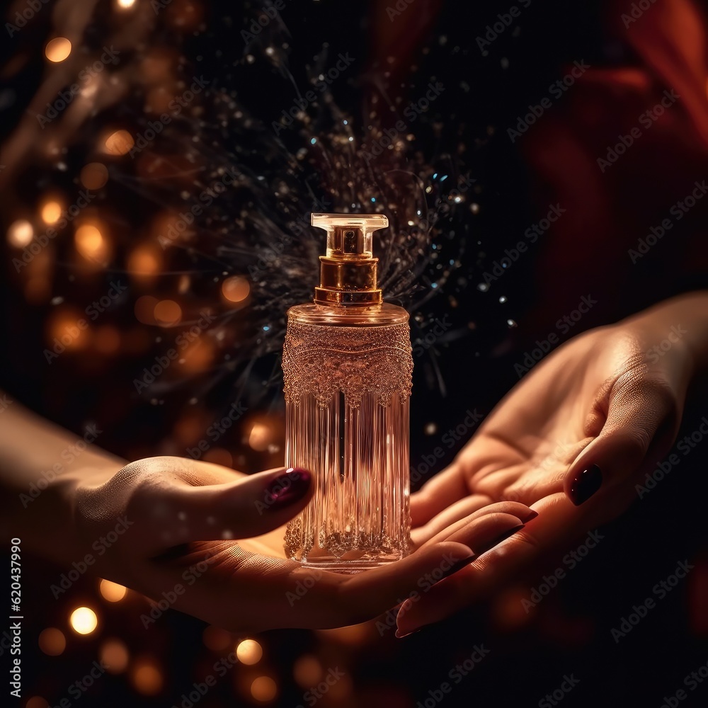 Woman holding bottle of perfume on dark background.