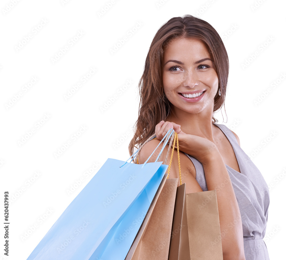 Woman, shopping bag and fashion, retail and commerce with boutique discount isolated on png transpar