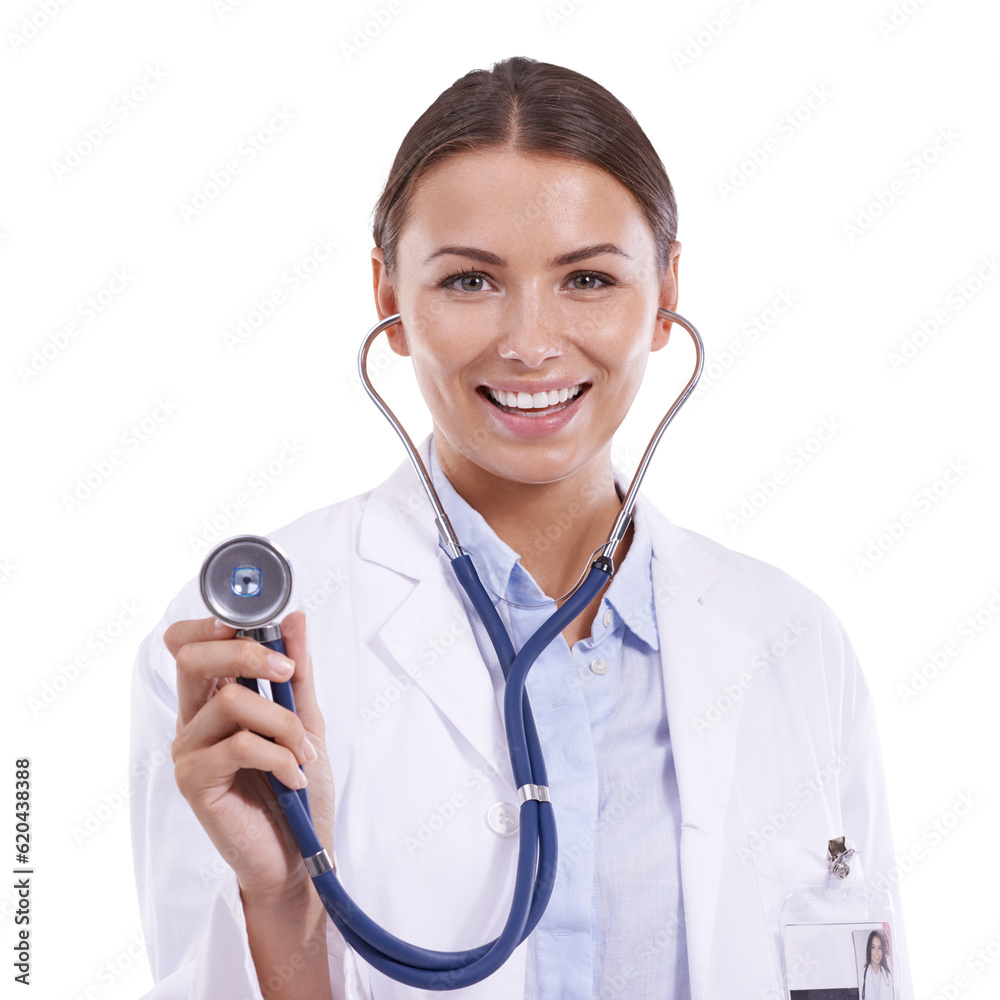 Stethoscope, healthcare and portrait of doctor with smile for cardiology isolated in a transparent o