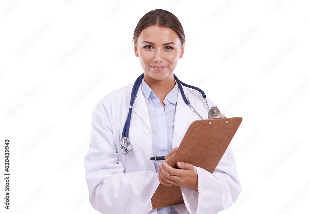 Woman, doctor and clipboard, health insurance paperwork and medical info with portrait on png transp