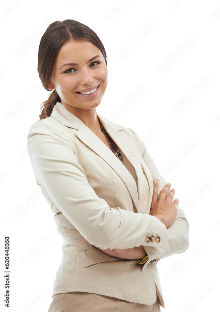 Professional, arms crossed and portrait of business woman on png, isolated and transparent backgroun