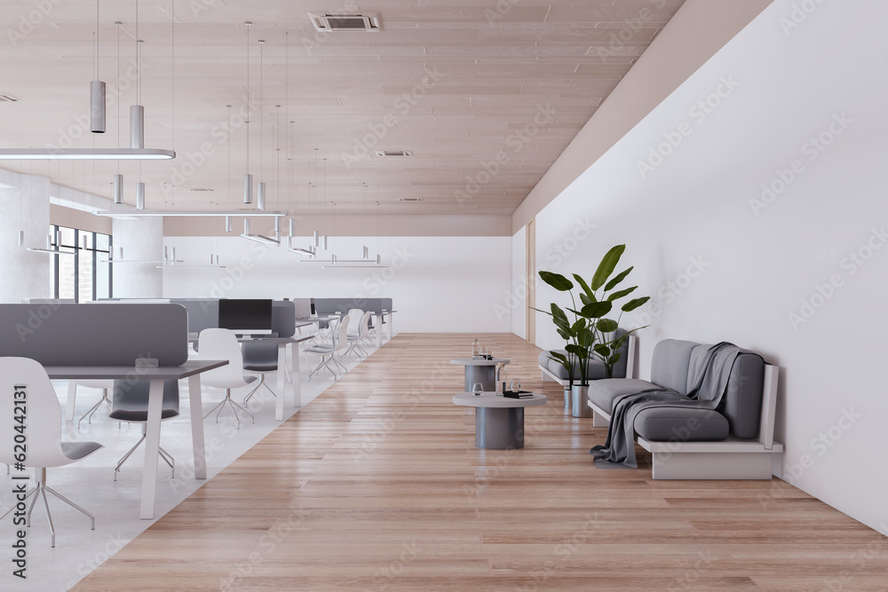 Luxury concrete and wooden coworking office room interior with partitions, equipment, furniture, win