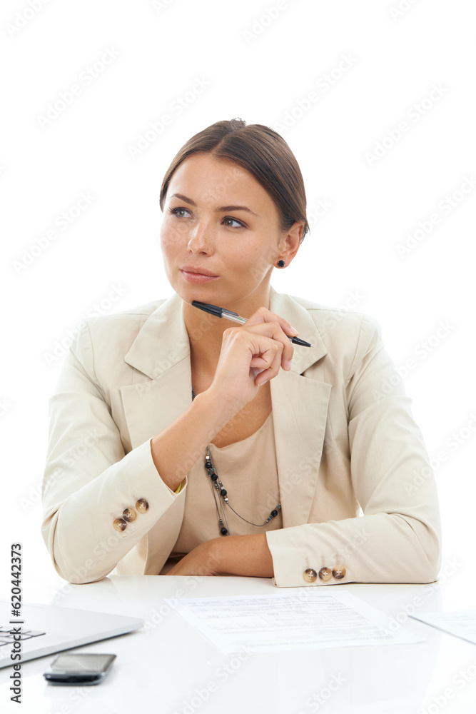 Business woman, thinking with ideas and notes, writing and paperwork for proposal isolated on transp