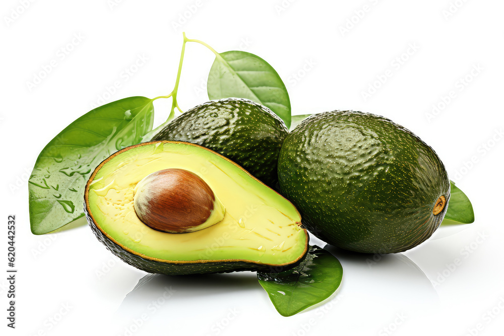 Avocado with cut in half and green leaves isolated on white background. (ai generated)