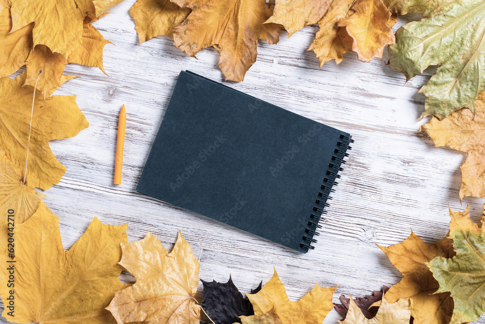 Spiral notepad and pen lies on vintage wooden desk