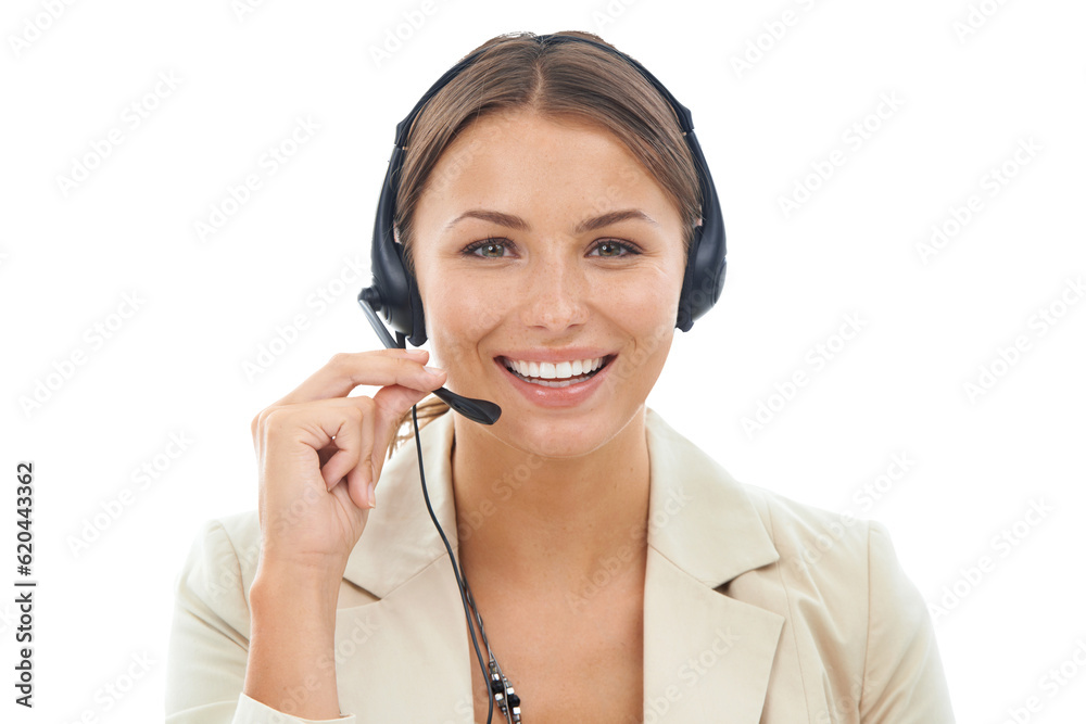 Callcenter, portrait and woman with smile, CRM and communication with telecom on transparent png bac