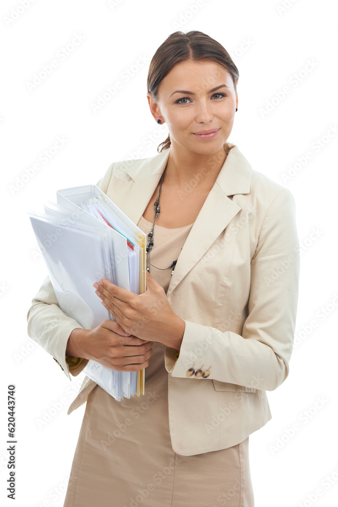 Business, portrait of happy woman with documents for administration at law firm isolated on transpar