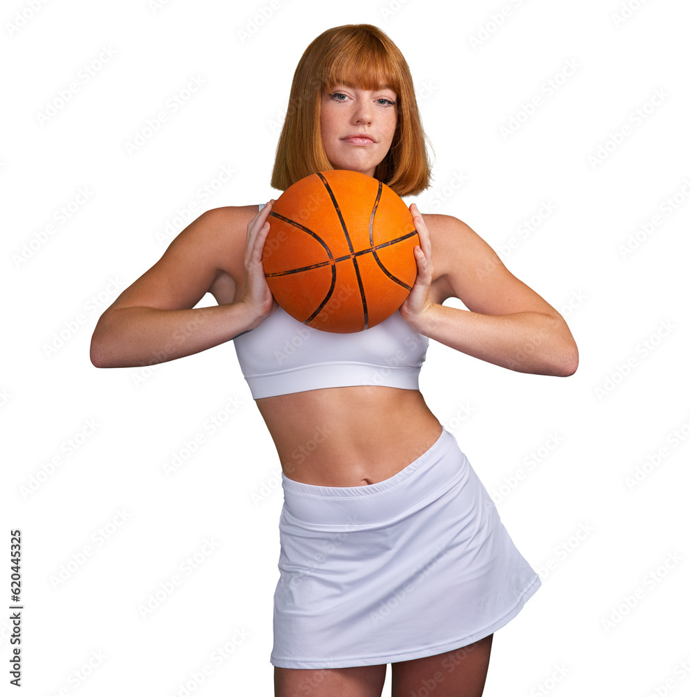 Basketball, woman in portrait for sports and fitness, training and professional player on transparen