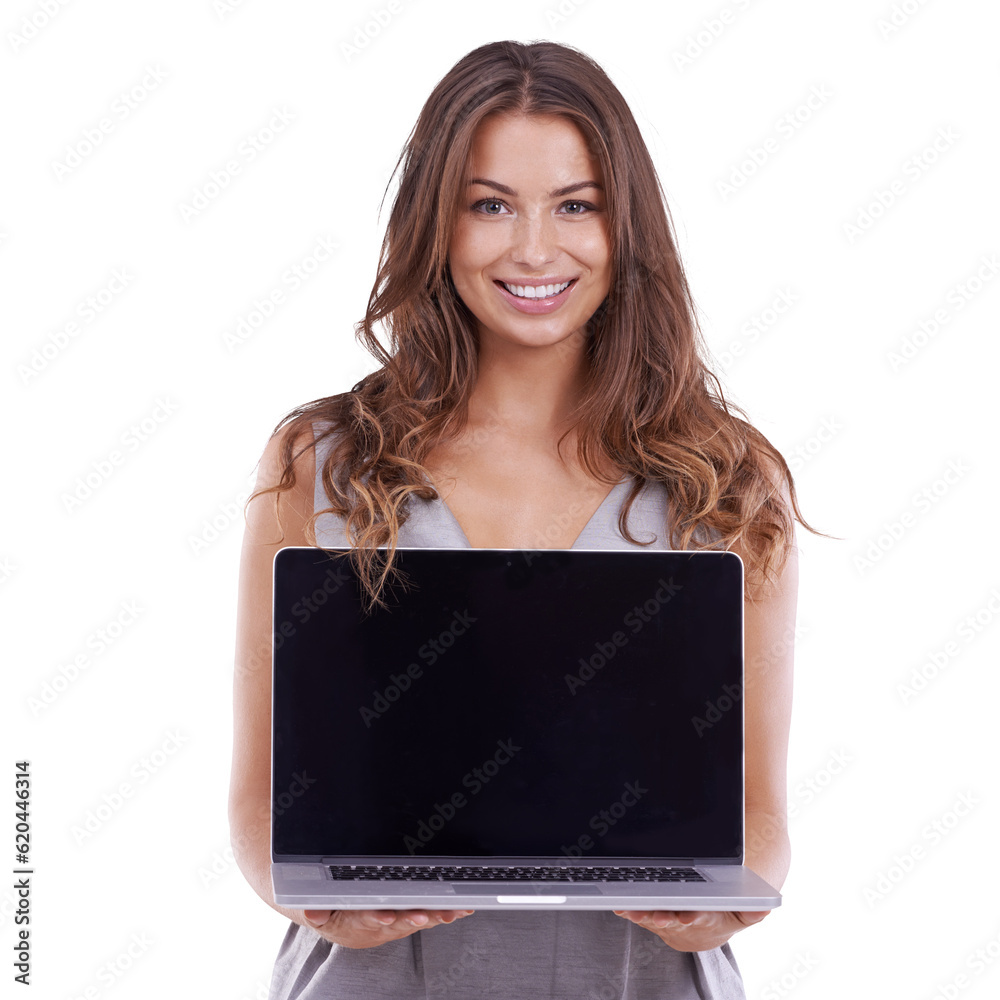 Laptop screen, portrait and business woman on mockup presentation, advertising website or career app