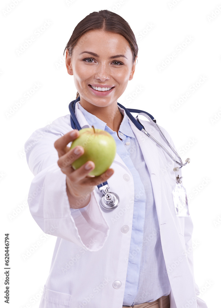 Happy woman, portrait and doctor with apple for healthy diet isolated on a transparent PNG backgroun