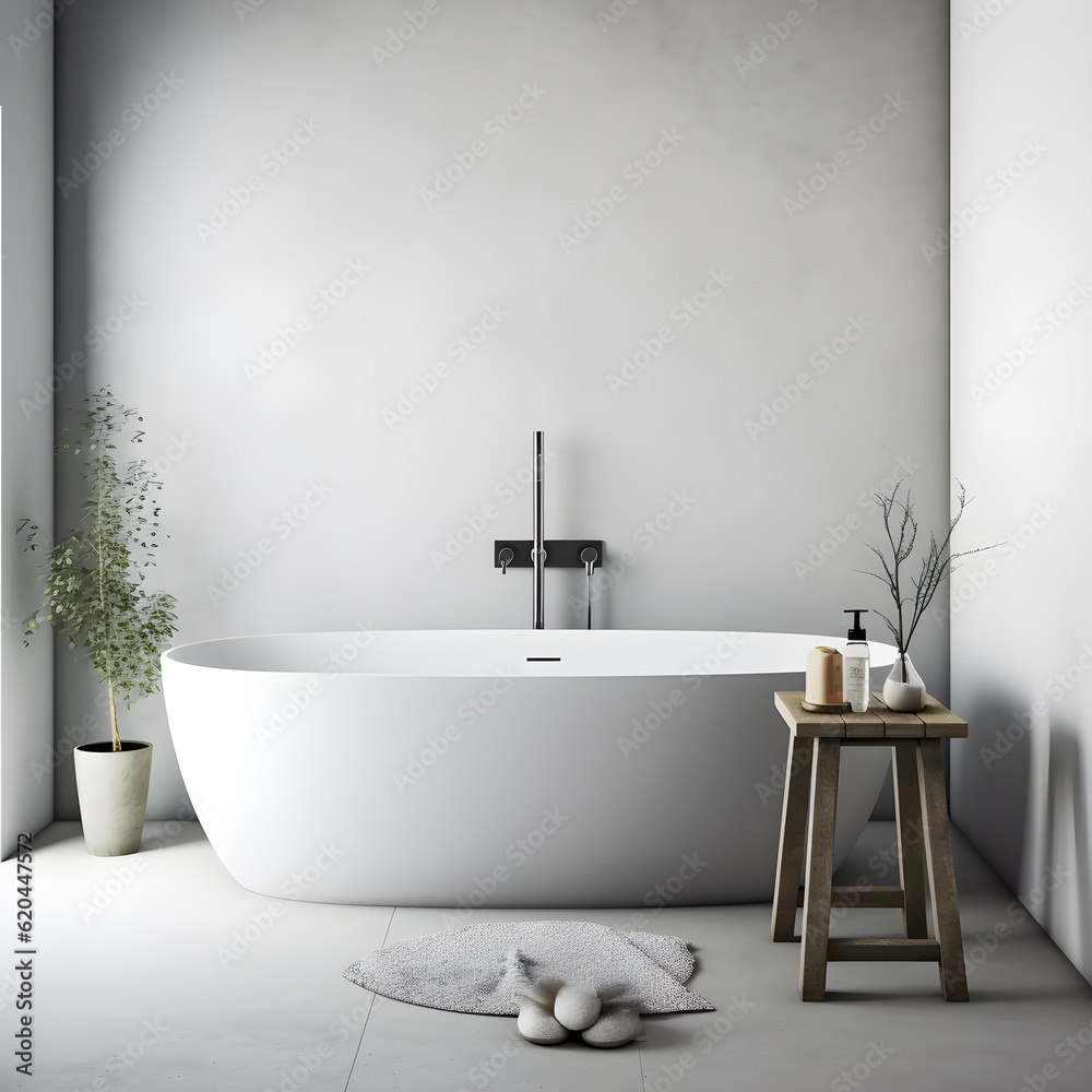 Minimalist bathroom interior with wooden details. Freestanding bathtub and wooden washbasin. Scandin