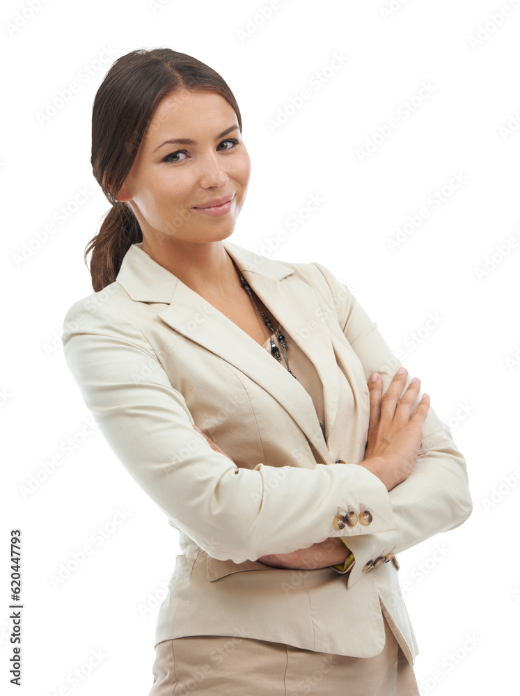 Business, portrait of happy woman with arms crossed in pride isolated on transparent png background.