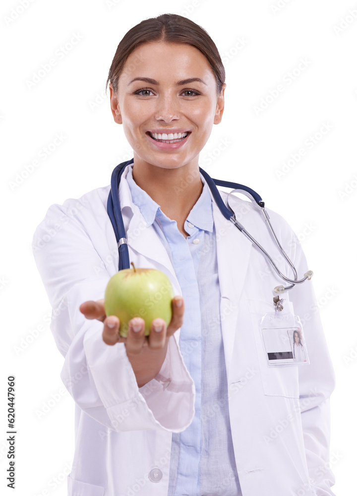 Happy woman, portrait and doctor with apple for diet isolated on a transparent PNG background. Femal