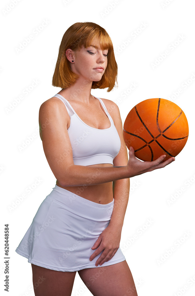 Basketball player, woman for sports and fitness, training and wellness on transparent png background