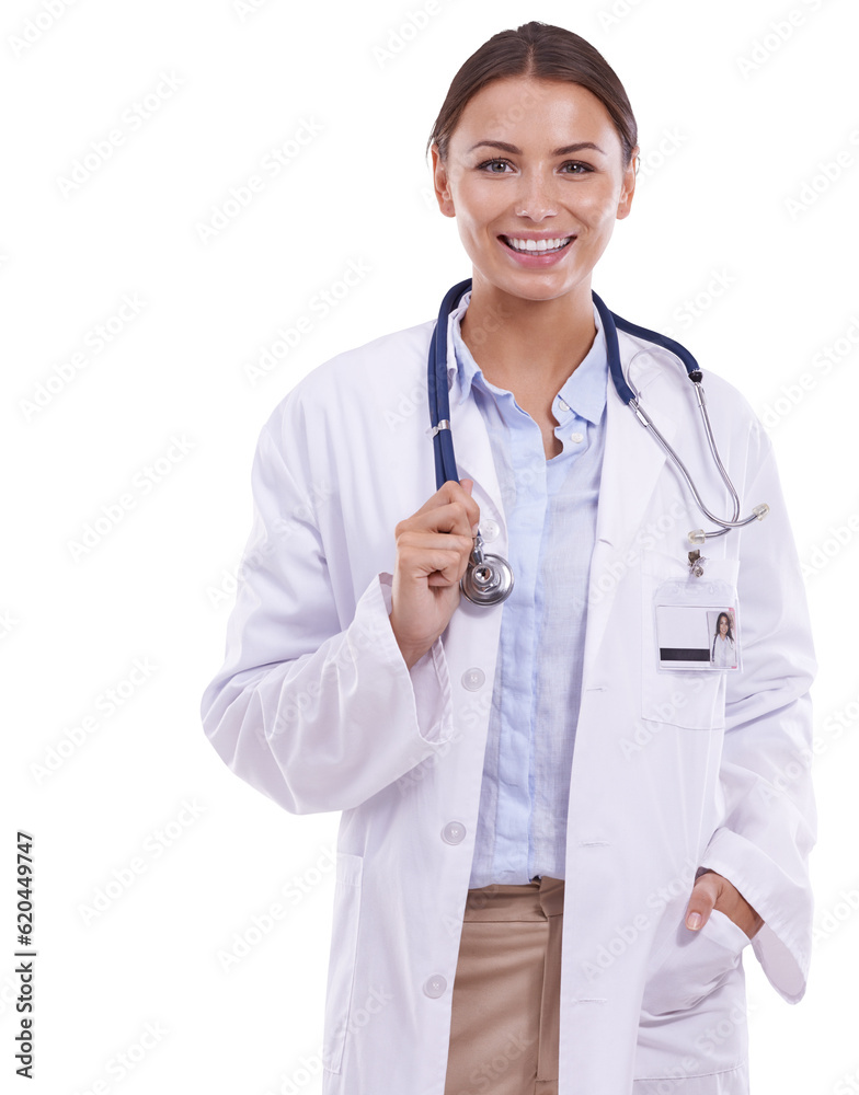 Doctor, woman with smile and health, portrait and cardiology surgeon isolated on png transparent bac