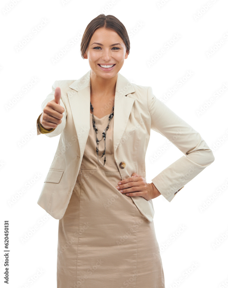 Thumbs up, thank you and portrait of business woman with happy sign isolated in a transparent or png