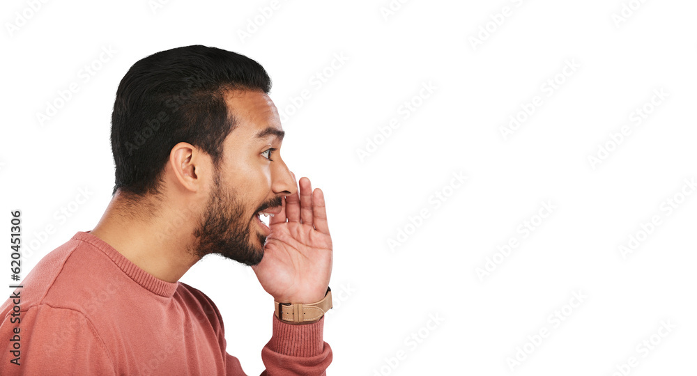 Secret, whisper and asian man with news info on isolated, transparent or png background. Confidentia