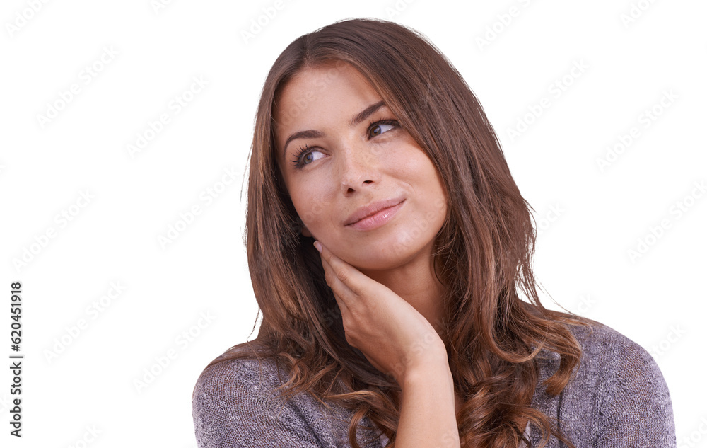 Thinking, happy and woman with idea and decision on isolated, png and transparent background. Advert