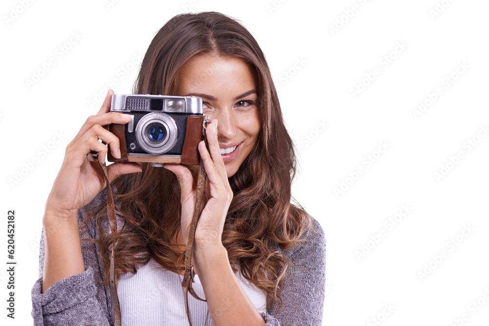 Photography, lens and woman photographer with camera happy with shot, picture and isolated in a tran