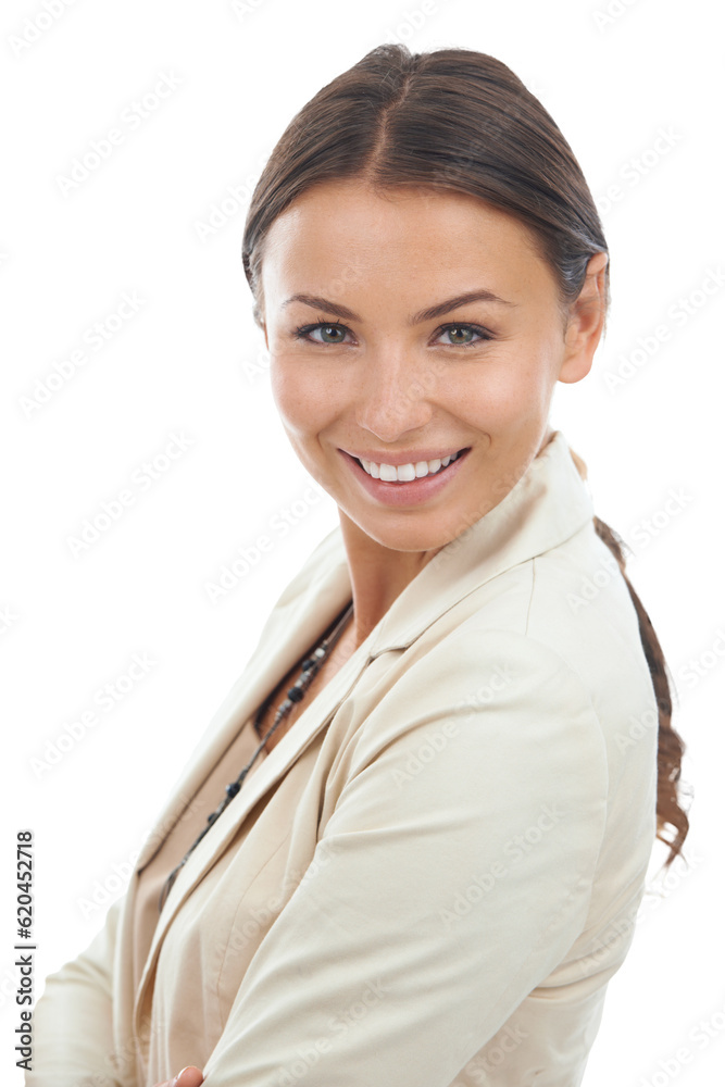 Business, portrait of happy woman and empowerment for women isolated on transparent png background. 