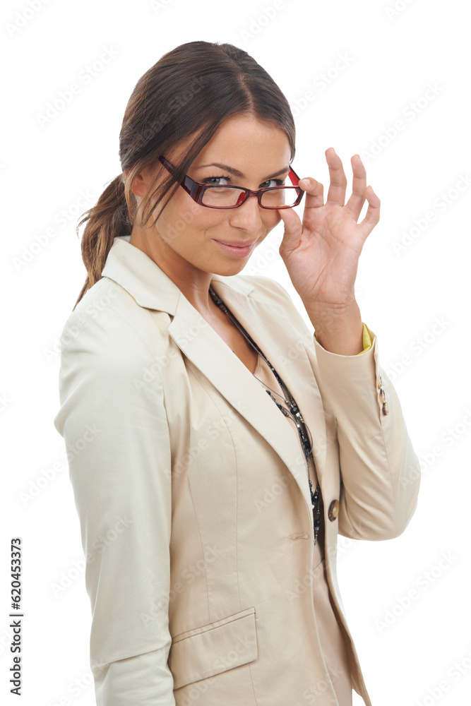 Flirting, glasses and portrait of business woman thinking with an idea isolated in a transparent or 