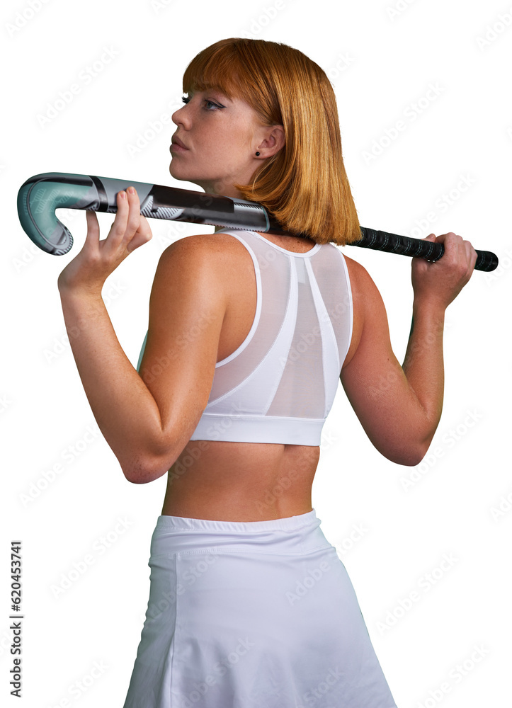 Hockey, fitness and woman athlete exercise, training and workout isolated in a transparent or png ba