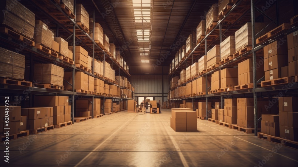 Warehouse or storage and shelves with cardboard boxes. Industrial background.