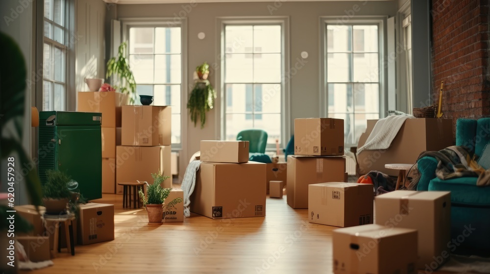 Move concept. Cardboard boxes and cleaning things for moving into a new home. Cardboard boxe backgro