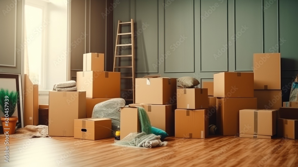 Move concept. Cardboard boxes and cleaning things for moving into a new home. Cardboard boxe backgro